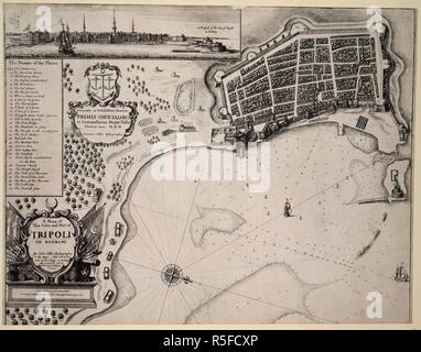 Una mappa della città e del porto di Tripoli in Barberia. Una Mapp del Citie e porto di Tripoli in Barberia. Londra, 1675. Fonte: Mappe K.Top.117.63. Lingua: Inglese. Autore: Hollar, Venceslao. Il venditore, GIOVANNI. Foto Stock