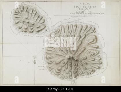 L'isola di Otaheite. Un piano di Re Georges isola o Otaheite, giacente nel Mare del Sud del Tenente di Vascello Cook. L'isola di Otaheite, da James Cook.Isola di Otaheite, la S. pacifico: Grafico di, da J. Cook: XVIII sec.. Il XVIII secolo. Fonte: Add.21593.B. Foto Stock