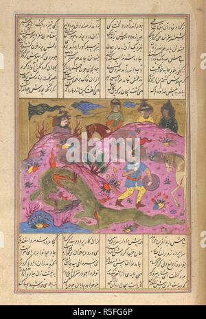 Isfandiyar e il drago. Shahnama di Firdawsi, con 49 miniature. Opaco w. 1590-1600. Isfandiyar e il drago. Scolorito e danneggiato. La vernice verde del drago ha decomporsi pagina: la vernice argento è stato eseguito e annerite male. 11,5 PER 14,5 cm. Immagine presa da Shahnama di Firdawsi, con 49 miniature. Acquerello opaco. Safavid/Isfahan stile. Originariamente pubblicato/prodotto in 1590-1600. . Fonte: i.o. 3254 islamica, f.295. V.o. persiano. Foto Stock