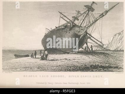 Beagle prevista a terra. Racconto di viaggi di rilevazione di Sua Maesta'. Londra, 1839. H.M.S. Beagle prevista a terra, Fiume Santa Cruz. Immagine presa dal racconto della misurazione viaggi di Sua Maestà navi di avventura e di Beagle, tra gli anni 1826 e 1836, descrivendo il loro esame delle sponde meridionali del Sud America e il Beagle la circumnavigazione del globo. Originariamente pubblicato/prodotto in Londra, 1839. . Fonte: G.2555 volume 2, opposta 334. Lingua: Inglese. Autore: Fitzroy, Admiral Robert. Landseer, T. Martens, C. Foto Stock