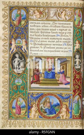 Miniatura di un uomo e di una donna, Francesco Salviati e Laudomia de' Medici, adorando la Vergine e il bambino ed il pieno all'antica frontiera con putti, gemme e figure bibliche, alla fine delle lodi nelle ore della Vergine. Libro d Ore ("Ore di Laudomia de' Medici"). L'Italia, centrale (Firenze); 1500-1510. Fonte: Yates Thompson 30, f.30v. Lingue: Latina. Foto Stock