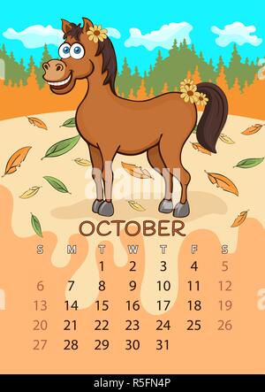 Calendario per il 2019 con il cartoon funny animals, del disegno a mano, illustrazione vettoriale. Colorate e luminose di design a parete calendario a bilanciere con painte Illustrazione Vettoriale