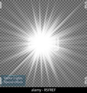 Candela di effetto di luce. Con Starburst brilla su sfondo trasparente. Illustrazione Vettoriale. Foto Stock