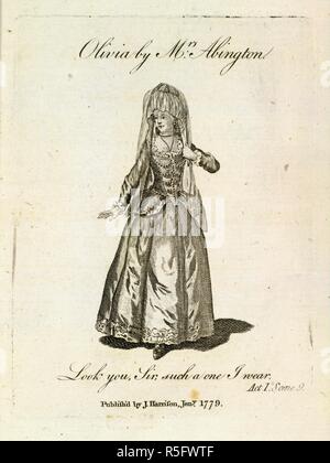 Francesca "Fanny' Abington (1737-1815) attrice, come "OLIVIA" nel gioco, dodicesima notte. Twelfth Night; o, cosa ti. Una commedia. Come si è agito su Theaters-Royal in Drury-Lane e Covent-Garden.. Londra, 1779. Fonte: 11770.g.3.(16), il frontespizio. Lingua: Inglese. Autore: Shakespeare, William. Foto Stock