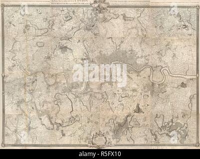 Rocque mappa di Londra e Westminster. Un sondaggio esatta del London Westminster Southwark paese a dieci miglia intorno iniziata nel 1741 e conclusa nel 1745 da Giovanni Roque ...incisi da Richard Parr. Fonte: maps.Crace.19,18,. Lingua: Inglese. Foto Stock