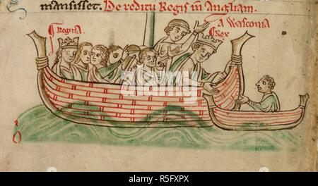 Un disegno marginale di Henry III e Eleanor tornando dal mare dalla Guascogna, con Nicholas de Molis è in una piccola barca a fianco. Historia Anglorum, Chronica majora, parte III; prosecuzione della Chronica Maiora. Inghilterra, S. (St Albans); 1250-1259. Fonte: Royal 14 C. VII, f. 134v. Lingue: Latina. Foto Stock