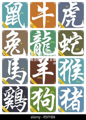 Vettore cinese dodici segni zodiacali setVector cinese dodici segni zodiacali impostato Illustrazione Vettoriale
