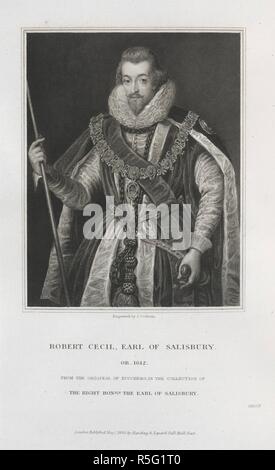 Robert Cecil, primo Earl of Salisbury (c.1563 - 1612). Statista inglese. Ritratto. Inghilterra come si vede dagli stranieri nei giorni di Elisabetta e Giacomo il primo. Comprendente le traduzioni dei perni di banco di due duchi di Wirtemberg nel 1592 e 1610; entrambi illustrativi di Shakespeare. Con estratti dei viaggi di principi stranieri e altri molti appunti, una introduzione e acqueforti. Londra, 1865. Fonte: 1505/204 volume 1 , pagina 80. Lingua: Inglese. Autore: Segale, William Brenchley. Foto Stock