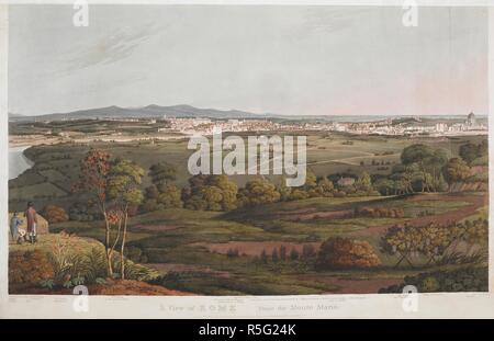 Due uomini visto da dietro sul Monte Mario a contemplare la città di Roma in distanza, con il Tevere e un muro romano sulla sinistra, Porta del Popolo nel centro e il Vaticano e San Pietro sulla destra; hills in background . Una veduta di Roma dal Monte Mario. [Londra] : Pub.d e venduto il 1 maggio. 1811 da Edw.d orme Printseller al re incisore & Publisher Bond St angolo del torrente San, [1 Maggio 1811]. Colorate a mano la puntasecca e l'attacco. Fonte: Mappe K.Top.81.28. Lingua: Inglese. Autore: Dubourg, M. Foto Stock