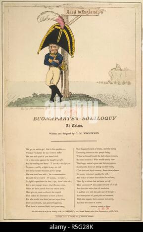 Buonaparte's Soliloquy. Leale e Patriottica di mano le bollette, canzoni, indirizzi. Londra, 1803. Buonaparte's Soliloquy a Calais. Napoleone Bonaparte sorge sotto un cartello che reca la dicitura "Road per l'Inghilterra". Le Bianche Scogliere di Dover può essere visto in background. Immagine presa da fedeli e mano patriottico-fatture, canzoni, indirizzi, ecc. sulla minaccia di invasione della Gran Bretagna da Buonaparte. Originariamente pubblicato/prodotto in Londra, 1803. . Fonte: 650.a.12.(23). Lingua: Inglese. Autore: CRUIKSHANK, George. Woodward. Foto Stock