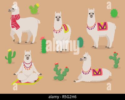 Set di carino llama in diverse pose, deserto con cactus Illustrazione Vettoriale