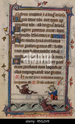 Bas-de-page scena della Vergine Maria il salvataggio di una donna che il diavolo aveva tentato di affogare, con una didascalia di lettura, â€˜Cy reconforte n[ost]re dame une pecheresce encu[m]bre du deableâ€™ . Libro d Ore, uso di Sarum ("Taymouth ore"). Inghilterra, S. E.? (Londra?); secondo quarto del XIV secolo. Fonte: Yates Thompson 13, f.152v. Lingua: Latino e francese. Foto Stock