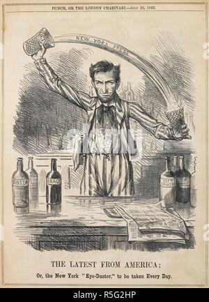 'L'ultima dall America'. Illustrazione raffigurante Abraham Lincoln come un barman, versando un drink da un vetro denominata "vittoria" a un vetro denominato 'defeat'. Il bar è ben fornito con bottiglie di 'Bunkum' (STA), 'Bosh' (cant), "Brag' (vantando), 'soft' Sawder (lusinghe), e "Triaca' (economici, sciroppo dolce). . Il punzone o la London Charivari. Londra, 26 luglio 1862. La guerra civile americana. Fonte: P.P.2570 pagina 36 volume 43. Lingua: Inglese. Autore: TENNIEL, John. Foto Stock