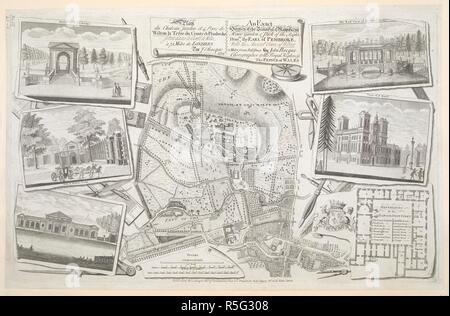 Un sondaggio esatta della bella e magnifica casa giardino e parco di destra onorevole il Conte di Pembroke. Plan du ChaÌ'teau, Jardin et Parc de Wilton... 1754. Fonte: Mappe K.Top.43,41.b. Lingua: Francese e Inglese. Autore: John Rocque. Foto Stock