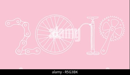 Disegnato a mano 2019 bicicletta rosa pastello Felice Anno Nuovo vettore Illustrazione Vettoriale