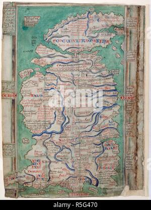 Mappa della Gran Bretagna. Abbreviatio chronicorum Angliae. Inghilterra (St Albans), 1250-1259. Fonte: Cotone Claudio D. VI, f.12v. Autore: Parigi, Matteo. Foto Stock