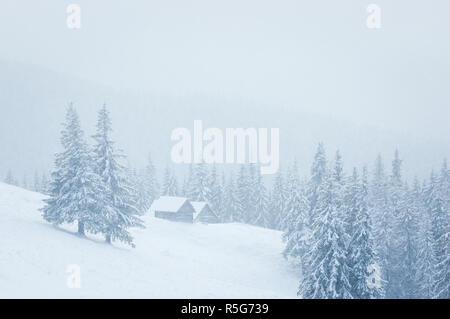 Inverno da sogno paesaggio con una casa di montagna in mezzo alla neve. La nebbia nel bosco di abete rosso. Alberi coperti di brina Foto Stock