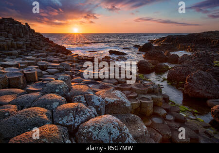 Tramonto su colonne di basalto Giant's Causeway, County Antrim, Irlanda del Nord