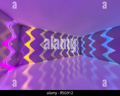 Sullo sfondo di una stanza vuota con le pareti e la luce al neon. I raggi al neon e ad incandescenza. Il rendering 3D Foto Stock