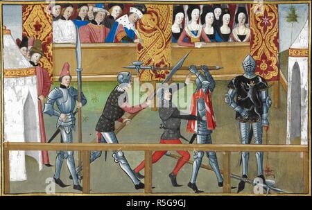 (Miniatura) cavalieri in combattimento a piedi in un torneo medievale. Il romanticismo di Jean de SaintrÃ©. Francia; circa 1470. Fonte: cotone nero D. IX f.46. Autore: Vendita noto anche come Salle, Antoine de la. Foto Stock