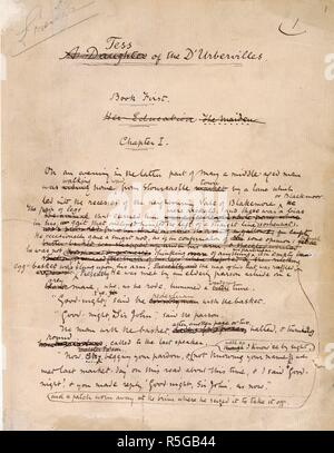 Pagina di apertura del manoscritto autografo di 'Tess dei D' Urbervilles'. Tess dei D' Urbervilles. 1891. Fonte: Aggiungi. 38182, f.1. Lingua: Inglese. Autore: HARDY, THOMAS. Foto Stock