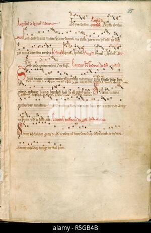 Inni di Godric. Inghilterra; xiii secolo. [Intero folio] Quattro brevi poesie inserito all'inizio di una vita di San Godric, eremita di Finchale; con la notazione. L inno "Crist e Sainte Marie' è contrassegnato per essere cantata da 'Soror', la sorella di St Godric; seguita da due inni in onore della Vergine e un inno di San Nicola originariamente pubblicato/prodotto in Inghilterra; xiii secolo. . Fonte: Royal 5 F. VII, f.85. Lingua: Italiano e Latino. Foto Stock