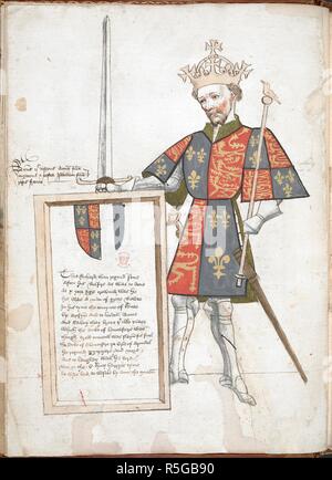 Disegno colorato di un re inglese in armatura e tabard (Richard II), presentando una lapide con versi. Sir Thomas Holme il libro di bracci: anonimo versetti sul re di Inghilterra ... (Parte 1 folio 1 a 8). Inghilterra, S. E. (probabilmente Londra); c. 1445-c. 1450. Numerosi disegni colorati del re inglese in armatura e tabard, presentando una lapide con versi. Fonte: Harley 4205 f.6v. Lingua: Inglese. Corsivo gotico. Foto Stock