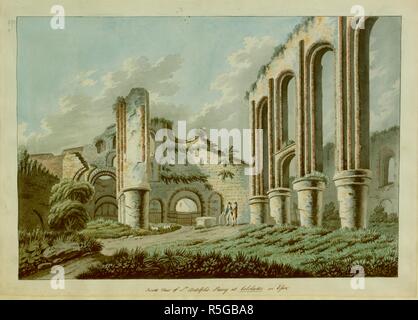 Le figure in piedi all'interno delle rovine di San Botolph's Priory; le grandi arcate in rovina sulla destra; l'entrata al centro; fogliame in tutta la scena. Vista interna di St Botolph's priorato di Colchester Essex. circa 1780-1790. Fonte: Mappe K.Top.13.14.i. Lingua: Inglese. Foto Stock