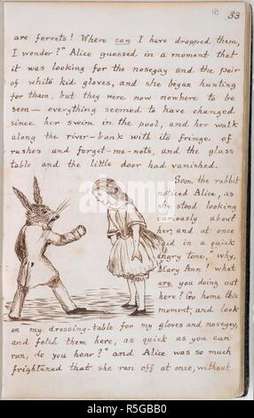 Alice e il coniglio bianco. Alice sotto terra [in Wonderland]. Inghilterra [Oxford]; 1862-1864. (Intero folio) disegno e testo dal Capitolo I: Alice incontra il coniglio bianco che sta cercando la sua nosegay e guanti immagine presa da Alice sotto terra [in Wonderland]. Originariamente pubblicato/prodotto in Inghilterra [Oxford]; 1862-1864. . Fonte: Aggiungi. 46700, f.18. Autore: DODGSON CHARLES LUTWIDGE. Dodgson Charles Lutwidge, pseud. Lewis Carroll. Foto Stock