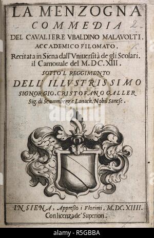Pagina del titolo di "La menzogna, commedia'. La menzogna, commedia [in cinque atti e in prosa]. Siena, 1614. Fonte: 839.a.20, titolo pagina. Foto Stock