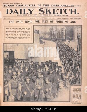 'L'unica strada per gli uomini di età di combattimento". Soldati essendo intrattenuti presso la Croce Rossa a buffet sulla stazione Victoria di Londra. Daily Sketch. Londra, 1915. Fonte: Daily Sketch, 17 settembre 1915, pagina anteriore. Foto Stock