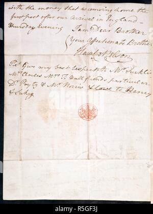 Lettera di Lord Nelson. Carte di Nelson, Vol. LXXXVII. Spagna [Cadiz Bay]; 1777. [Intero folio] Lettera autografa di Lord Nelson a suo fratello, il Rev. William Nelson. La baia di Cadice, 20 febbraio 1777 immagine presa da Nelson Papers, Vol. LXXXVII. Originariamente pubblicato/prodotti in Spagna [Cadiz Bay]; 1777. . Fonte: Aggiungi. 34988, f.1v. Lingua: Inglese. Foto Stock