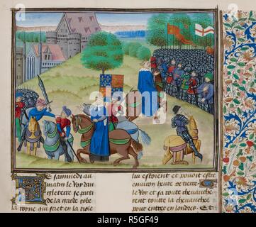 La morte di Wat Tyler nel 1381. Wat Tyler (morto il 15 giugno 1381) è stato un leader del 1381 contadini' rivolta in Inghilterra. Egli ha marciato un gruppo di manifestanti da Canterbury al capitale di opporsi all'istituzione di una tassa di polling. Mentre il breve ribellione goduto il successo precoce, Tyler è stato ucciso da ufficiali del re Richard II durante i negoziati a Smithfield a Londra. Le figure in miniatura sono: Sir William Walworth, sindaco di Londra (spada wielding); Wat Tyler; Richard II d'Inghilterra; e John Cavendish, esquire a Richard II (cuscinetto lancia). . Jean Froissart, Chroniques , vol. 2. (Froissart's Chroni Foto Stock