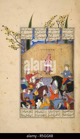 L'esecuzione di Mazdak. Shahnama. Isfahan, Iran, 1630-1640. L'esecuzione di Mazdak prima Nushirwan. L'arco-eretico e la comunista è stato issato su un patibolo dai suoi piedi e viene ripreso piena di frecce. Immagine presa da Shahnama. Originariamente pubblicato/prodotto in Isfahan, Iran, 1630-1640. . Fonte: i.o. 1256 islamica, f.496. V.o. persiano. Foto Stock