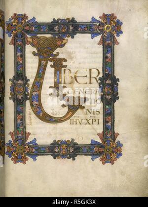 Vangelo di Matteo. Grimbald Vangeli. [Canterbury Christ Church]; tra 1010 e 1020. [Intero folio] Incipit pagina del Vangelo di Matteo. Testo, decorata con iniziale 'L'. Confini di 'Winchester' acanto tipo di decorazione, con borchie d'angolo immagine presa da Grimbald Vangeli. Originariamente pubblicato/prodotto in Canterbury [la Chiesa di Cristo]; tra 1010 e 1020. . Fonte: Aggiungi. 34890, f.11. Lingue: Latina con glosse in inglese. Foto Stock