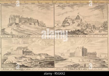Quattro castelli scozzesi. 1746. Una vista in inchiostro di china, Castello di Edimburgo, presi da est; Dumbarton Castle, presi da nord-ovest; il Castello di Stirling, preso dal nord; Castello di nerezza, preso dal sud. Originariamente pubblicato/prodotta nel 1746. . Fonte: maps.K.Top.48,22,. Lingua: Inglese. Foto Stock