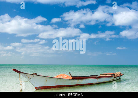 Canoa galleggianti su acque calme sotto il bel cielo azzurro Foto Stock