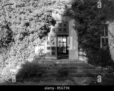 Aprire Frontdoor in legno su abbandonare la casa con erbacce selvatico Foto Stock