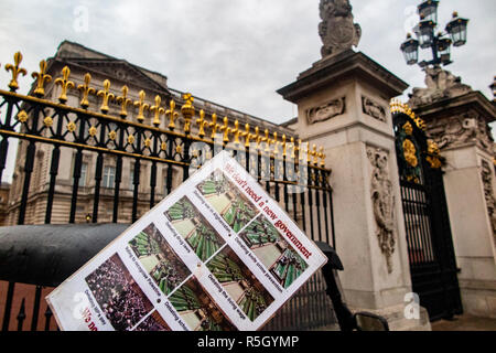 "Non abbiamo bisogno di un nuovo governo, abbiamo bisogno di un nuovo sistema' poster in un bidone della spazzatura fuori Buckingham Palace Foto Stock