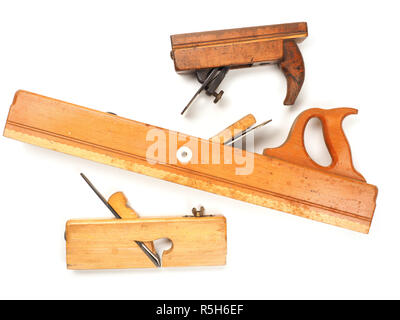 Vecchio usato piano di legno su bianco Foto Stock