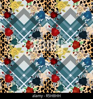 Tartan scozzese grunge seamless pattern con leopard macchie della pelle e fiori colorati . eps 10 Illustrazione Vettoriale