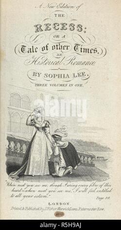 Un inciso titolo pagina che mostra un uomo in ginocchio a baciare la mano di una donna. Un romanzo storico impostato durante il regno di Elisabetta I, è uno dei primi romanzi gotico. . L'incavo; o un racconto di altri tempi ... Tre volumi in uno. Londra : S. Fisher, [1825?]. Fonte: 012635.a.28 pagina del titolo. Autore: Lee, Sophie. Foto Stock