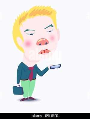 Un imprenditore maschio detiene una valigetta ed esamina il suo smartphone con una faccia stanca. Illustrazione Vettoriale