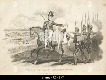 Il principe di Orange distribuzione della sua medaglie. Guglielmo II (Willem Frederik George Lodewijk van Oranje-Nassau) (6 dicembre 1792 â€" 17 marzo 1849) era il re dei Paesi Bassi, il Granduca del Lussemburgo, e duca di Limburgo. Egli ha combattuto come comandante del i corpo di alleati nella battaglia di QUATRE BRAS (16 giugno 1815) e la battaglia di Waterloo (18 giugno 1815), dove egli era stato ferito. La storia della Rivoluzione Francese e delle guerre prodotte da tale evento ... ...; e la ... La battaglia di Waterloo. Londra : T. Kelly, 1820-22. Fonte: 9525.f.1 volume 2 piastra opposto pagina 10. Autore: Christopher Kelly. Foto Stock