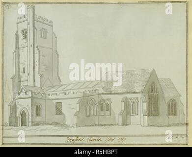 Un disegno monocromatico del sud ed est i lati del la Chiesa di Sant'Andrea Rochford. Rochford Chiesa Essex 1787. 1787. Fonte: Mappe K.Top.13.16.a. Lingua: Inglese. Autore: SMITH, Giovanni Tommaso. Foto Stock