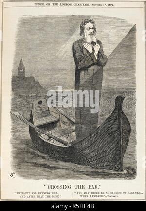 "Attraversando il Bar' divenne uno di Alfred Tennyson signore più famose poesie. Questo cartoon commemorativa è stata pubblicata poco dopo Tennyson la morte. Il punzone o la London charivari. Londra, 15 ottobre 1892. Fonte: C.194.b.199 volume 103, pagina 175. Lingua: Inglese. Autore: TENNIEL, John. Tennyson Alfred, primo Baron Tennyson. Foto Stock