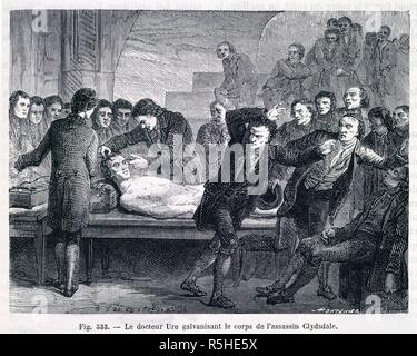 Un medico applicazione di elettricità per il cadavere di un assassino. 'Le docteur Ure galvanisant le corps de l'assassino Clydsdale'. Les merveilles de la Science, ou description populaire des invenzioni modernes. Parigi, 1867 - 1870. Fonte: 8765.g.15, figura 333. Lingua: Francese. Autore: Figuier, Guillaume Louis. Foto Stock