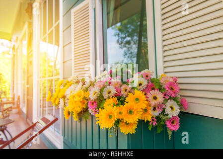 Finestra con cassetta per fiori e persiane a casa Foto Stock