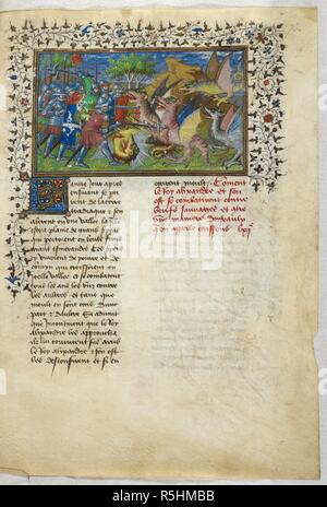 Miniatura di Alexander's battaglia contro draghi con smeraldi in la loro fronte. Historia de proelis in una traduzione in francese (Le Livre et le vraye hystoire du bon roy Alixandre). Francia, Centrale (Parigi); c.1420. Fonte: Royal 20 B. XX, f.73. Lingua: Francese. Foto Stock