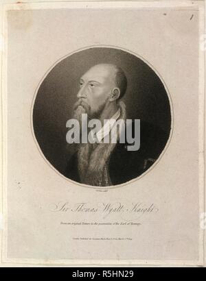 Sir Thomas Wyatt. Le poesie di Sir Thomas Wyatt. Inghilterra [Londra]; 1809. [Intero folio] incisione di un ritratto di Sir Thomas Wyatt, inserita in un volume di Wyatt di poesie. L'incisione è da "Le poesie di Henry Howard conte di Surrey e di Sir Thomas Wyatt, vol II, [ed. George Frederick Nott, 1816] immagine presa da poesie di Sir Thomas Wyatt. Originariamente pubblicato/prodotto in Inghilterra [Londra]; 1809. . Fonte: Egerton 2711, f.1. Lingua: Inglese. Foto Stock